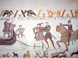 Haroldo II (1022-1066) desembarcó en Normandía donde fue capturado por Guillermo I el Conquistador (1027-1087). Tapiz de Bayeux, conocido como Bordado de la Reina Matilde. de Unknown artist
