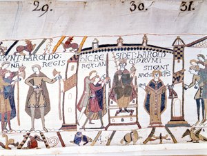 Haroldo II (1022 - 1066) fue proclamado rey a la muerte de Eduardo el Confesor en 1066 pero pronto murió en la Batalla de Hastings. Tapiz de Bayeux o Bordado de la Reina Matilde. de Unknown artist