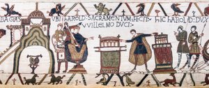 Harold jura un juramento sagrado a Guillermo en Bayeux, Tapiz de Bayeux de Unknown artist