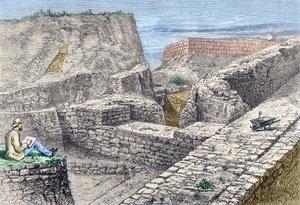 Heinrich Schliemann tomando dibujos de las murallas de Troya (Hissarlik) durante las excavaciones de Unknown artist