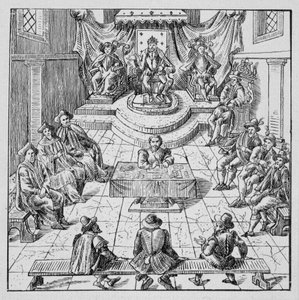 Enrique III (1551 - 1589) celebrando los Estados Generales en Blois en 1576 - en Colección de 39 figuras que representan las calamidades de Francia de 1562 a 1586; Louis Perrin imprimerie