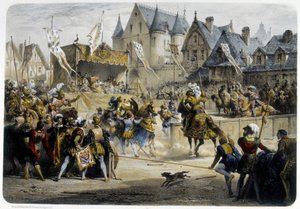 Enrique II (1519 - 1559) herido mortalmente por Montgomery durante el torneo del 29 de junio de 1559, rue St Antoine, frente al Palais des Tournelles - litografía