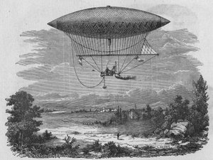 Henry Giffard probando un aerostato de vapor de 44 metros de largo. En “Álbum de la Ciencia”, Éditions Jouvet.