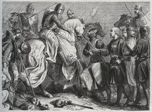 Enrique III (Enrique III Plantagenet de Inglaterra) (1207-1272) es capturado por Simón V de Montfort (ca. 1208-1265) en Lewes en Sussex 1264 - grabado 1864 de Unknown artist