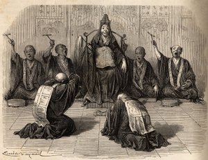 Sumo sacerdote budista siendo adorado, rodeado por sus discípulos ritmando el ritual con gong y platillos. Grabado para ilustrar el viaje a Japón en 1863-1864, por Aime Humbert, ministro de la Confederación Suiza, en 