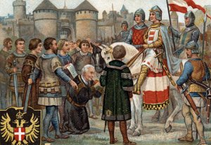 Episodios históricos de ciudades famosas: Rodolfo de Habsburgo (Rodolfo I del Sacro Imperio 1218-1291) tomó posesión de Viena (1276). Rodolfo I fue rey de los romanos y al tomar posesión de la ciudad de Viena fundó el poder de los Habsburgo. Cromolitografí de Unknown artist