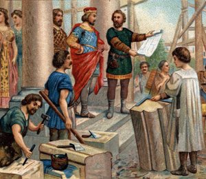 Episodios históricos de ciudades famosas: Clodoveo elige París como residencia permanente (en 508). Cromolitografía del siglo XIX de Unknown artist