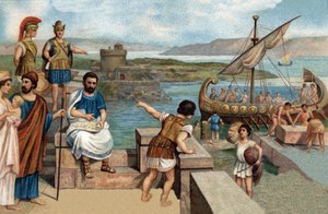 Episodios históricos de ciudades famosas: Los Megareos (gente de Megara, ciudad griega de Ática) fundaron Bizancio (667 a.C.) en la orilla occidental del Bósforo Cimerio, donde se encontraba la fortaleza tracia de Byzas. Cromolitografía del siglo XIX. de Unknown artist