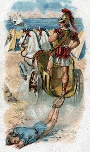 Historia de la vida de Aquiles, héroe legendario de la Guerra de Troya: Aquiles arrastra el cuerpo de Héctor detrás de su carro. Cromolitografía de 1890 de Unknown artist