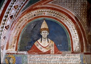 Historia de San Francisco de Asís: representación del Papa Inocencio III, mostrando la bula que confirma la regla franciscana en 1210 (fresco) de Unknown artist