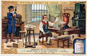 Historia de la porcelana: Johann Friedrich Bottger (Böttcher o Böttiger) (1682-1719) encuentra el método verdadero para hacer porcelana en 1709 - cromolitografía de Liebig de Unknown artist