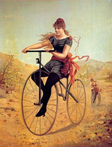 Historia de la bicicleta: velocipedista o una mujer pedaleando en una bicicleta de Unknown artist