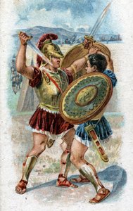 Historia de la vida de Aquiles, héroe legendario de la Guerra de Troya: Aquiles luchando contra Héctor para vengar la muerte de Patroclo. Cromolitografía de 1890. de Unknown artist