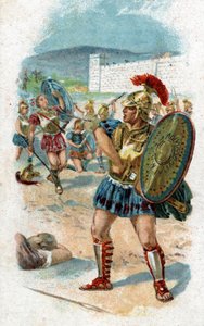 Historia de la vida de Aquiles, héroe legendario de la Guerra de Troya: Patroclo obtiene permiso de Aquiles para salvar a los griegos llevando sus armas. Será asesinado por Héctor, quien toma las armas de Aquiles como botín. Cromolitografía de 1890.