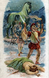 Historia de la vida de Aquiles, héroe legendario de la Guerra de Troya: La captura de Troya. Aquiles al frente de la ciudad gracias al caballo. Cromolitografía de 1890.