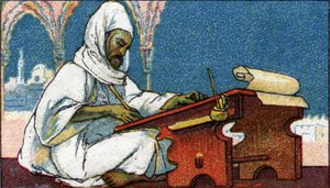 Historia de la escritura: un escriba musulmán escribiendo en árabe, principios del siglo XX (cromo) de Unknown Artist