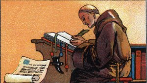 Historia de la escritura: un monje copista copiando manuscritos en la Edad Media, principios del siglo XX (cromo)