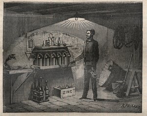 Electricidad en el hogar: Instalación de la batería inventada por Radiguet en un sótano - Grabado en "La Science française" de Unknown artist
