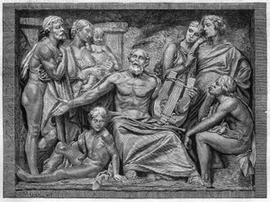 Homero cantando con su lira en una ciudad de Jonia. Grabado después del bajorrelieve de Mr. Hugues, gran premio de escultura del concurso escolar de 1875 de Unknown artist