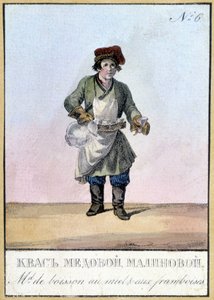 Vendedor de bebida de miel y frambuesa en Rusia en el siglo XIX. Ilustración del siglo XIX. de Unknown artist