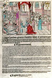 Hospital en el siglo XVI: Carta de indulgencia (Derecha: escena de hospital. Izquierda: moribundos y muertos)