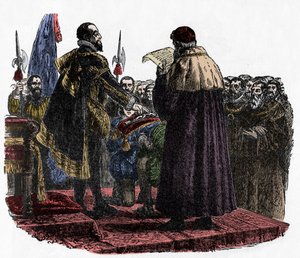 Hugo Capeto toma el juramento soberano - Hugo Capeto (circa 941-996) rey de los francos, pronunció el juramento soberano en 987 - 1882 de Unknown artist