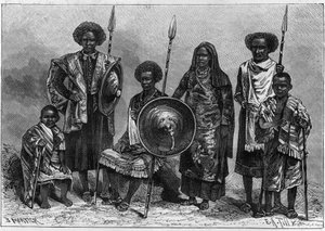 Zoo Humano: grupo de Assabais, una tribu de Etiopía, entonces colonia italiana. Exhibidos en Turín como parte de la Exposición Nacional de 1884. Grabado en "Nature. Revue des sciences et de ses applications aux arts et à l