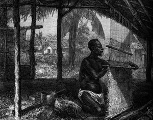 Zoo Humano: tejedora suavizada de Gabón en la Exposición Mundial de 1889. Grabado en "Le Journal de la jeunesse"