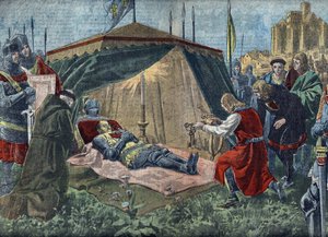 Guerra de los Cien Años: "La mort de Bernard du Guesclin (1320-1380) devant Chateauneuf de Randon le 13/07/1380" - Muerte de Duguesclin (durante el sitio de Chateauneuf-de-Randon el 13 de julio de 1380) - Ilustración de "Le pelerin" 7 de agosto de 1921 Pri