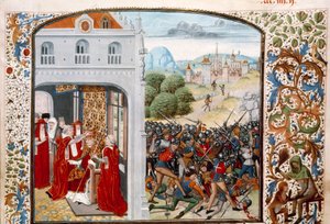 Guerra de los Cien Años: El Papa Gregorio XI (1329-1378) coronado en Aviñón en 1370. La batalla de Pontvallain entre franceses e ingleses el 4/12/1370 de Unknown artist