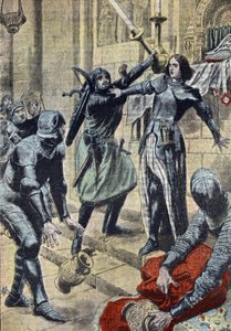 Guerra de los Cien Años: "Representación de la heroína francesa Juana de Arco (1412-1431) impidiendo que los soldados de Carlos II de Albret saquearan la iglesia de Saint-Pierre-le-Moutier, Nievre Borgoña, 4/11/1429" (La heroína francesa Juana de Arco luch de Unknown Artist