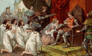 Guerra de los Cien Años. Los burgueses de Calais: devoción de Eustaquio de San Pedro y sus compañeros al Rey Eduardo III de Inglaterra implorando su gracia, apoyados por la Reina Felipa de Henao (1311-1369). Cromolitografía de finales del siglo XIX