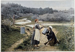 Cazador y niña en la fuente (Rusia) - fotografía, finales del siglo XIX de Unknown artist