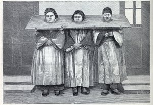 Caza en China: el cangue, un aparato de tormento (una especie de picota) aplicado a madres infanticidas. Grabado en “La Nature” de Unknown artist