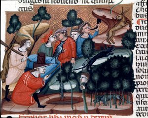 Escenas de caza. Miniatura tomada del Código de Justiniano (Codex Justinianus), una colección de leyes e instituciones publicadas bajo el emperador romano Justiniano I de Bizancio (483-565) de Unknown artist