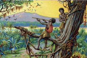 Técnica de caza. Caza de colibríes en el archipiélago polinesio: los habitantes usan mordeduras. Cromolitografía del siglo XIX. de Unknown artist