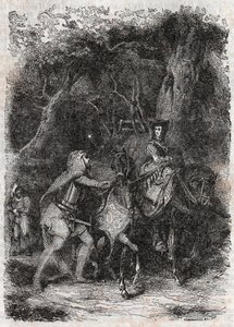 Hipalca arrestada por Rodomonte - grabado de 1851 de “Roland Furioso” (Orlando furioso) (siglo XVI) de Ludovico Ariosto, conocido como el Ariosto - Edición traducida del italiano por el Conde de Tressan y publicada por Gustave Harvard. de Unknown artist