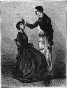 Fenómenos de hipnotismo: Hipnotismo producido al fijar un portaplumas colocado entre los ojos. Grabado de 1881 de Unknown artist