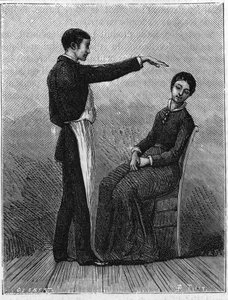 Fenómenos de hipnotismo: el hipnotismo se produce al extender repentinamente la mano frente al paciente. Grabado de 1881. de Unknown artist