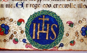 Símbolo cristiano IHS cuyo significado es Jesús. Manuscrito del siglo XV.