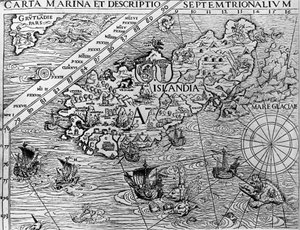 Islandia, circa 1539, detalle de Carta marina por el Arzobispo sueco, Olaus Magnus de Unknown artist