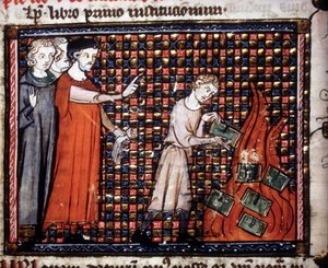 Iconoclastas arrojando manuscritos en miniatura al fuego. Manuscrito del siglo XIV de Unknown artist