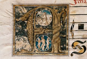 Letra iluminada de la predicación de Jesús ante los apóstoles y la flagelación, tomada de un manuscrito de cantos litúrgicos de Unknown artist