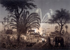 Iluminación del río durante el Festival de Bassac, Laos siamés. En “Atlas del viaje de exploración en Indochina realizado durante los años 1866-1868” publicado bajo la dirección de F. Garnier 1873.