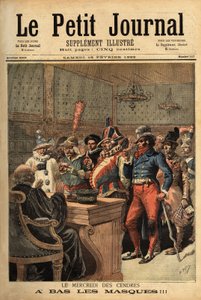 Ilustración para el Miércoles de Ceniza, después del Carnaval de Mardi Gras, los disfraces de fiesta pasan frente al juez para descubrirse. Grabado en “Le petit journal” 18/02/1893. Colección Selva de Unknown artist
