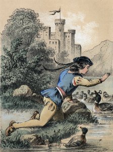 Ilustración de los cuentos de Franz Hoffmann “Cuentos y Fábulas - Los 3 príncipes”: Un príncipe recibiendo una llave de un pato de Unknown artist