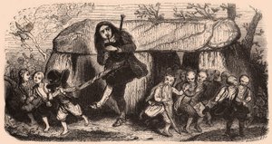Ilustración de una leyenda según las tradiciones bretonas: el gaitero Lao y duendes bailando frente a un dolmen de Unknown