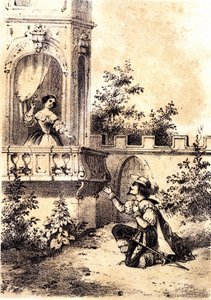 Ilustración de la canción “El Rey hizo sonar el tambor”: un hombre declarando su amor a una mujer en su ventana de Unknown artist