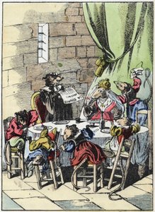 Ilustración del cuento “El terrible Raminagrobis y los ratones” personaje de fábulas de Jean de la Fontaine. En “Cuentos del hogar para los pequeños”. Grabado anónimo del siglo XIX.
