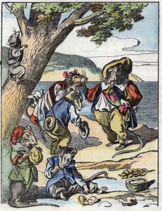 Ilustración del cuento “El terrible Raminagrobis y los ratones” personaje de fábulas de Jean de la Fontaine. En “Cuentos del hogar para los pequeños”. Grabado anónimo del siglo XIX.